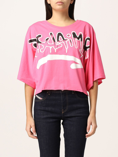 Disclaimer Cropped  Cotton T-shirt With Logo In Fuchsia