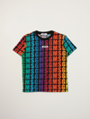 Msgm Kids Black T-shirt With All-over Printed Multicolor Logo In Multicolor