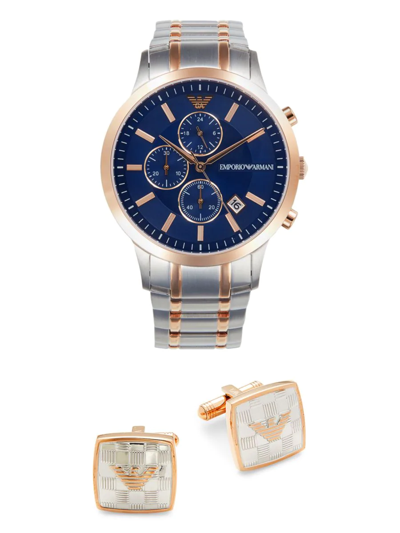 Emporio Armani Men's 2-piece Bi-tone Stainless Steel Chrono Watch & Cufflinks Set In Blue