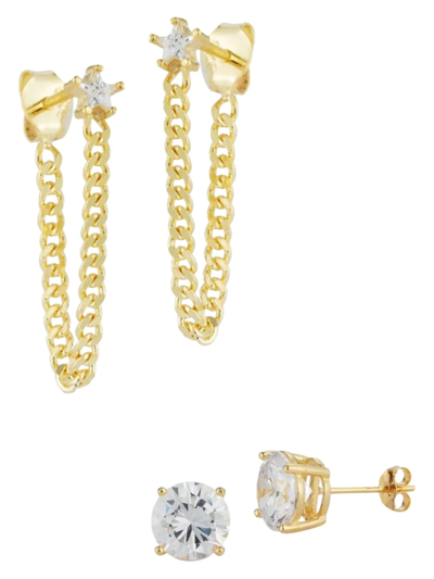 Chloe & Madison Women's Set Of 2 14k Goldplated Sterling Silver & Cubic Zirconia Chain Drop & Stud Earrings