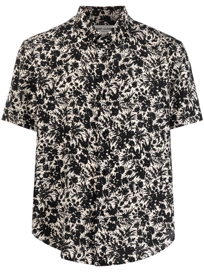 Saint Laurent Floral-print Silk Short-sleeved Shirt In Black