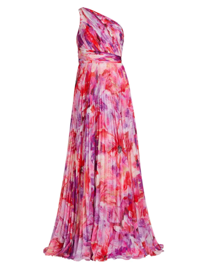 Marchesa Notte Floral Print One-shoulder Gown In Fuchsia