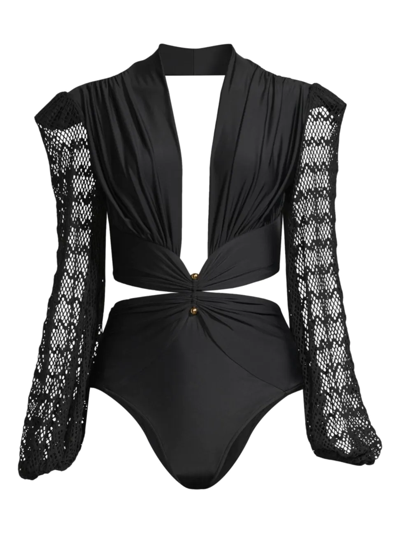 Patbo Plunge Netted-sleeve One Piece Swimsuit In Black