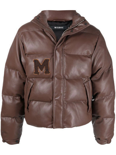 Misbhv Logo-patch Faux-leather Puffer Coat In Brown