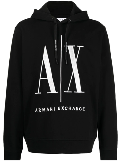 Armani Exchange Embroidered Logo Cotton Hoodie In Black