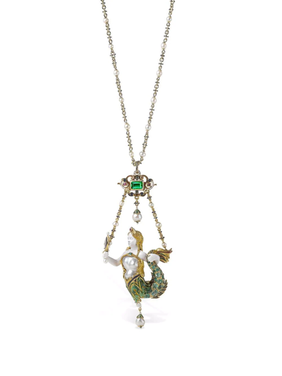 Pre-owned Pragnell Vintage 18kt Yellow Gold Victorian Emerald Mermaid Pendant Necklace