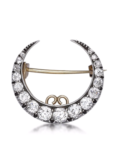 Pre-owned Pragnell Vintage 18kt Yellow Gold And Silver Crescent Moon Diamond Brooch
