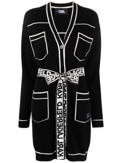 Karl Lagerfeld Belted Contrast-stitch Cardigan In Black