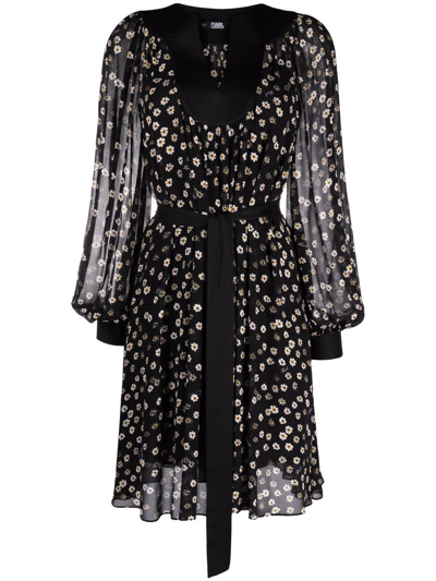 Karl Lagerfeld Logo Floral-print Semi-sheer Midi Dress In Black