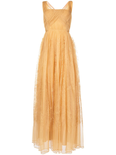 Alberta Ferretti Embroidered Motif Pleated Gown In Yellow