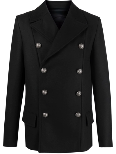 Balmain Logo-button Double-breasted Peacoat In Black
