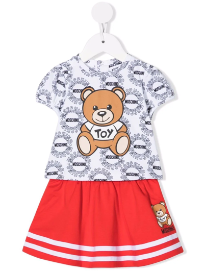Moschino Kids' Teddy Bear Monogram-print Skirt Set In Красный,белый