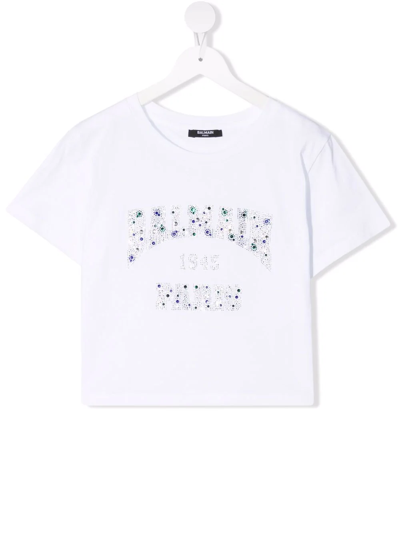 Balmain Teen Rhinestone-logo T-shirt In White