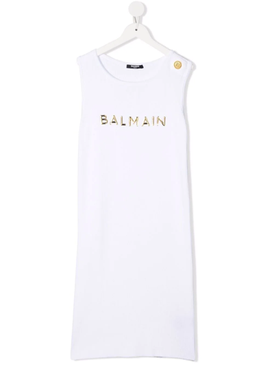 Balmain Kids' Girls White & Gold Logo Dress