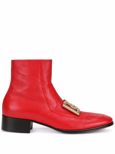 Dolce & Gabbana Nappa Leather Ankle Boots With Dg Logo In Red