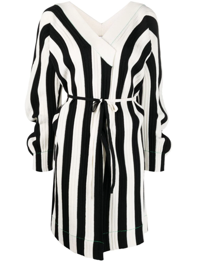 Bottega Veneta Striped Ribbed Linen-blend Wrap Dress In Nero