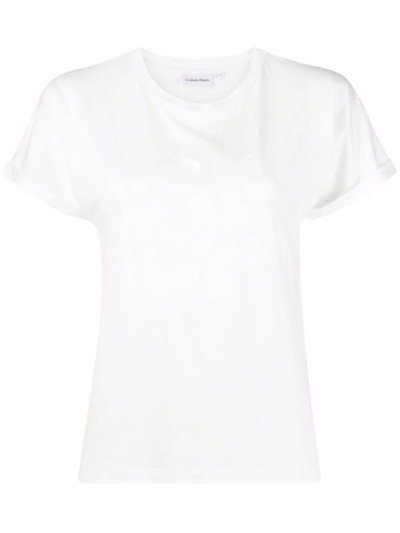 Calvin Klein Ck Jeans夏季女士休闲圆领同大身色胶质logo透气短袖t恤j218907 In White