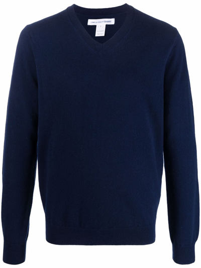 Comme Des Garçons Shirt Fine-knit V-neck Jumper In Blue