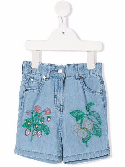Stella Mccartney Babies' Flower-embroidered Chambray Shorts In Blue
