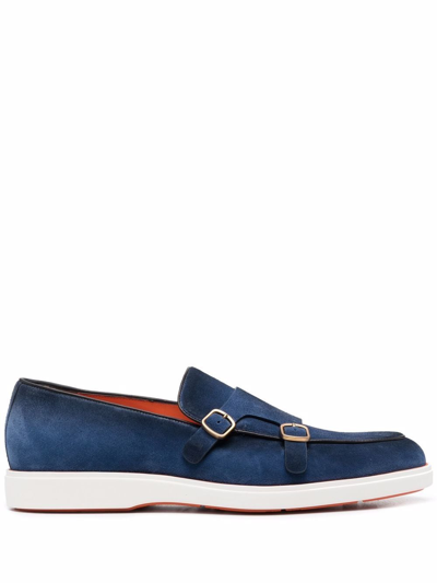 Santoni Suede Buckled Loafers In Blue