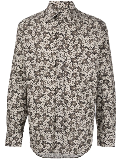 Tom Ford Grey & Taupe Floral Print Shirt In Green