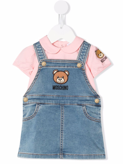 Moschino Babies' Teddy Bear Motif Denim Dungarees And T-shirt Set In Rose