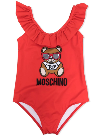 Moschino Kids Red One-piece Swimsuit With Logo And Teddy Bear With Sunglasses In Poppy Red