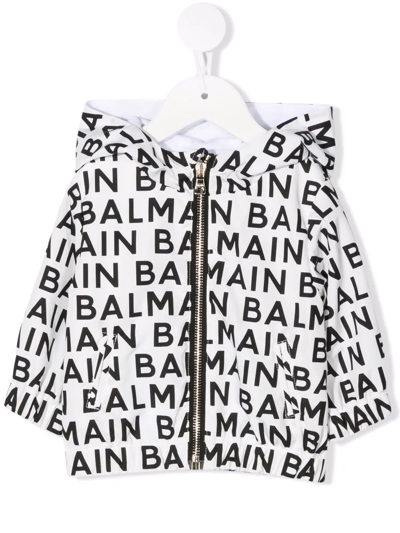 Balmain Babies' Logo-print Hooded Zip-up Jacket In White