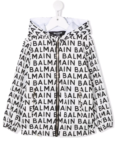 Balmain Teen Logo-print Hooded Zip-up Jacket In White