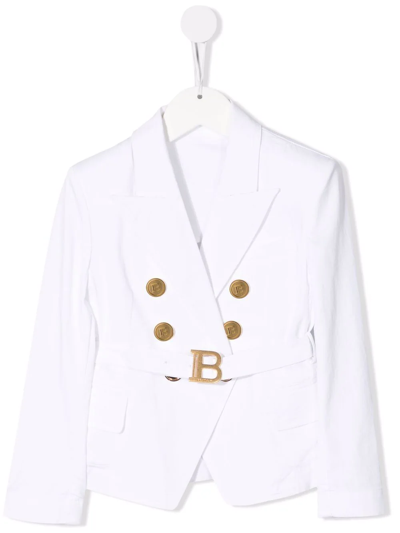 Balmain Teen Logo-plaque Double-breasted Blazer In Bianco