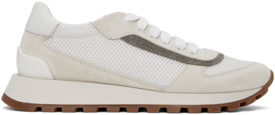 Brunello Cucinelli Runner Shoe In Suede And Taffeta Embellished With Threads Of Brilliant Monili In Neutrals