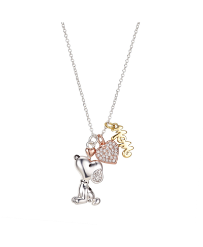 Peanuts Gold Flash Plated "mom" Snoopy And Cubic Zirconia Heart Necklace, 16"+2" Extender In Silver