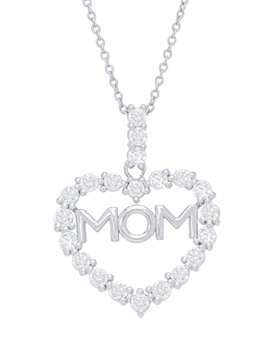 Macy's Women's Cubic Zirconia 'mom' Heart Pendant Necklace In Silver