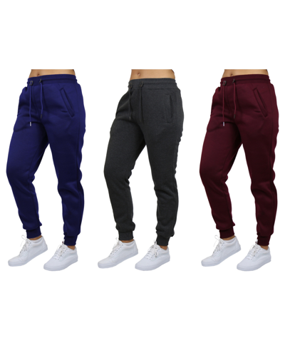 Galaxy By Harvic Women's Loose-fit Fleece Jogger Sweatpants-3 Pack In Navy-charcoal-burgundy