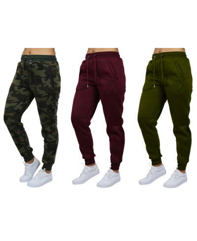 Galaxy By Harvic Women's Loose-fit Fleece Jogger Sweatpants-3 Pack In Woodland-burgundy-olive