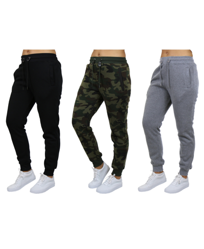 Galaxy By Harvic Women's Loose-fit Fleece Jogger Sweatpants-3 Pack In Black-woodland-heather Grey