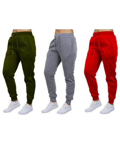 Galaxy By Harvic Women's Loose-fit Fleece Jogger Sweatpants-3 Pack In Olive-heather Grey-red