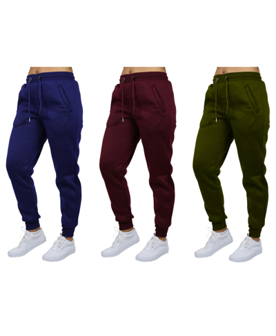 Galaxy By Harvic Women's Loose-fit Fleece Jogger Sweatpants-3 Pack In Navy-burgundy-olive