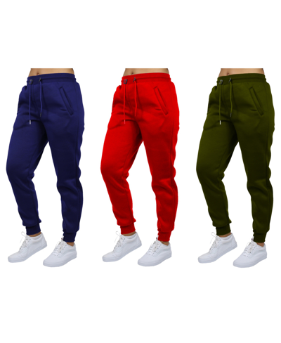 Galaxy By Harvic Women's Loose-fit Fleece Jogger Sweatpants-3 Pack In Navy-red-olive
