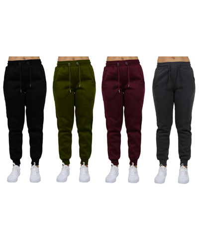 Galaxy By Harvic Women's Loose-fit Fleece Jogger Sweatpants-4 Pack In Black-olive-burgundy-charcoal