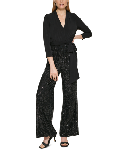 Calvin Klein Jersey-top Sequin Wide-leg Jumpsuit In Black