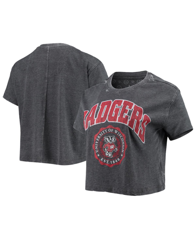 Pressbox Women's  Heathered Black Wisconsin Badgers Edith Vintage-like Burnout Crop T-shirt