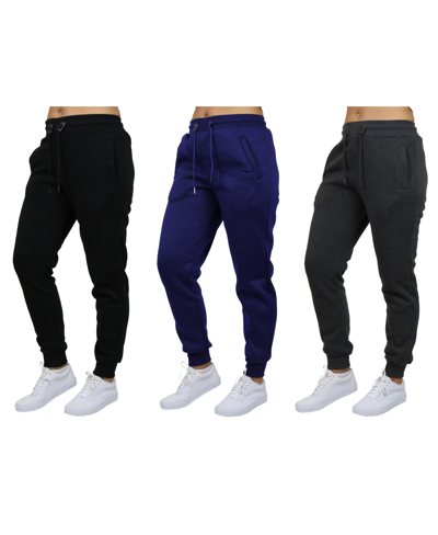 Galaxy By Harvic Women's Loose-fit Fleece Jogger Sweatpants-3 Pack In Black-navy-charcoal