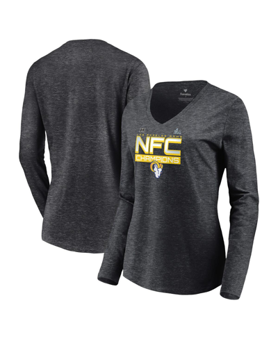 FANATICS WOMEN'S FANATICS CHARCOAL LOS ANGELES RAMS 2021 NFC CHAMPIONS ICONIC SLANT V-NECK LONG SLEEVE T-SHIR