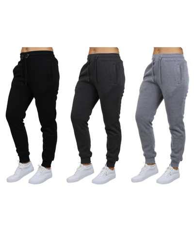 Galaxy By Harvic Women's Loose-fit Fleece Jogger Sweatpants-3 Pack In Black-charcoal-heather Grey