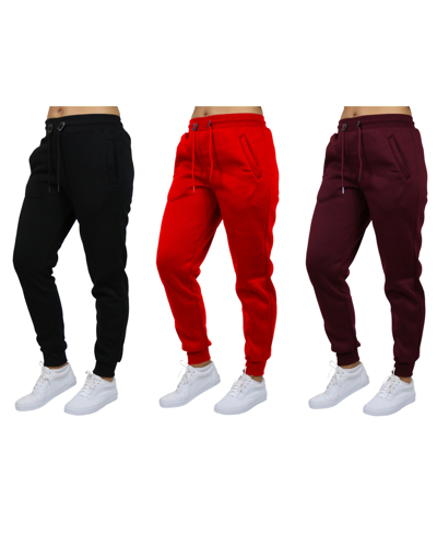 Galaxy By Harvic Women's Loose-fit Fleece Jogger Sweatpants-3 Pack In Black-red-burgundy