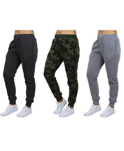 Galaxy By Harvic Women's Loose-fit Fleece Jogger Sweatpants-3 Pack In Charcoal-woodland-heather Grey
