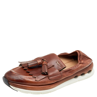 Pre-owned Ferragamo Brown Leather Tassel Fringe Loafers Size 42