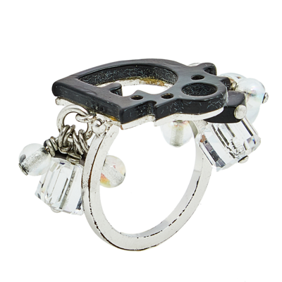 Pre-owned Dior Grey/silver Resin And Faux Crystal Logo Charm Ring Size Eu 54