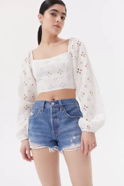 Levi's 501 Original High Rise Medium Wash Distressed Denim Shorts In Oxnard Audio